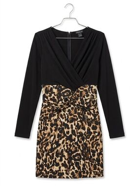 VENUS Black & Leopard Print Long Sleeve Wrap Dress